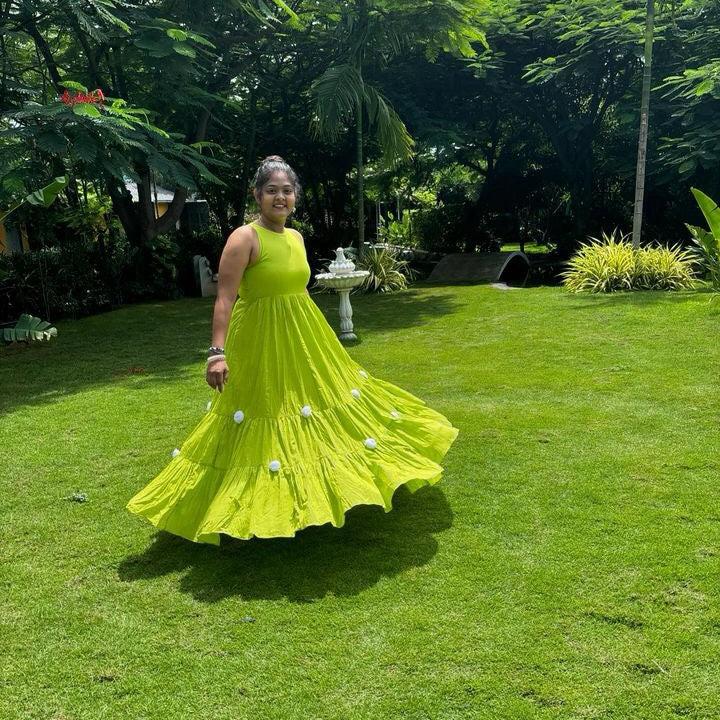 slim fit dress slacks Bunaai Parrot Green Pompom Dress
