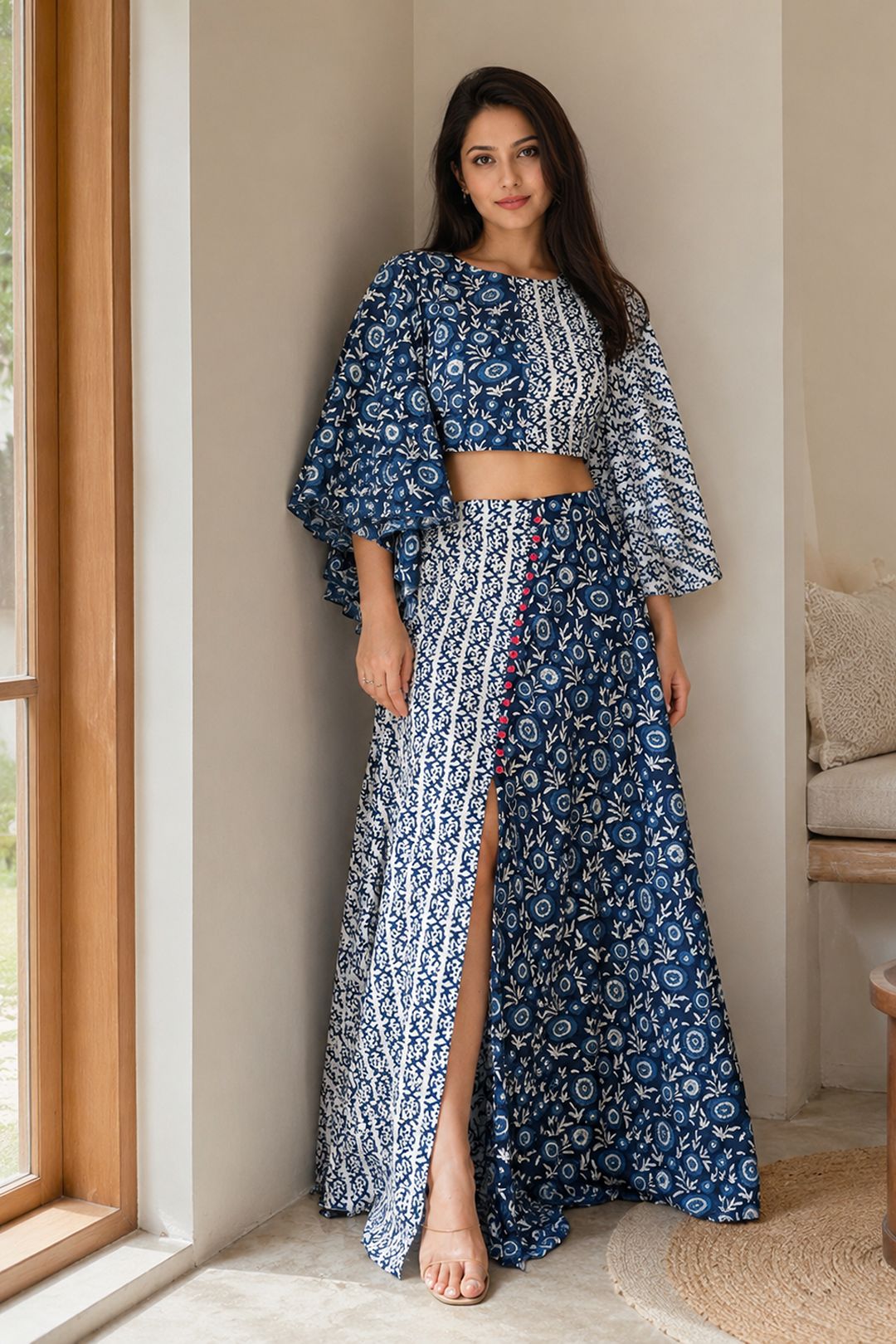 Navy Printed Cotton Top & Skirt Set