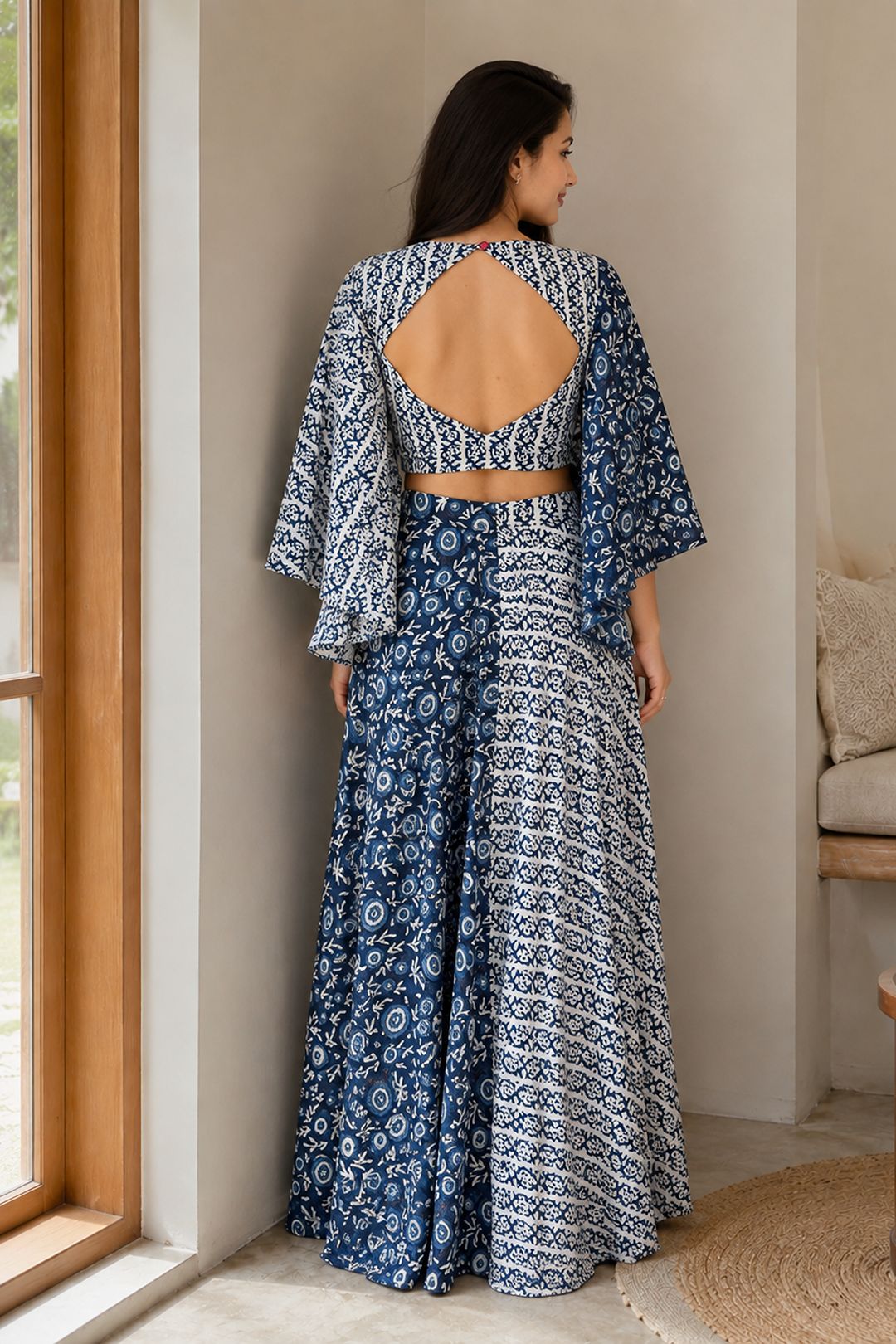 Navy Printed Cotton Top & Skirt Set