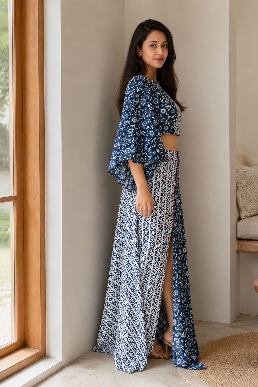 Navy Printed Cotton Top & Skirt Set