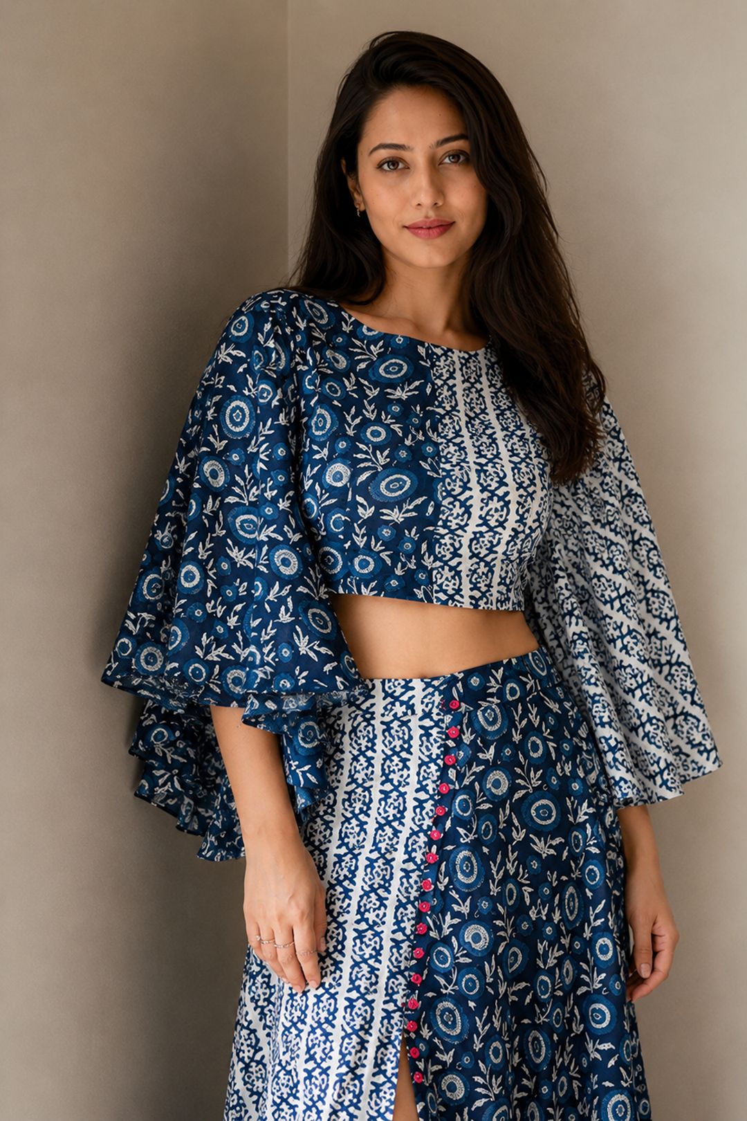 Navy Printed Cotton Top & Skirt Set