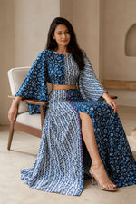 Navy Printed Cotton Top & Skirt Set