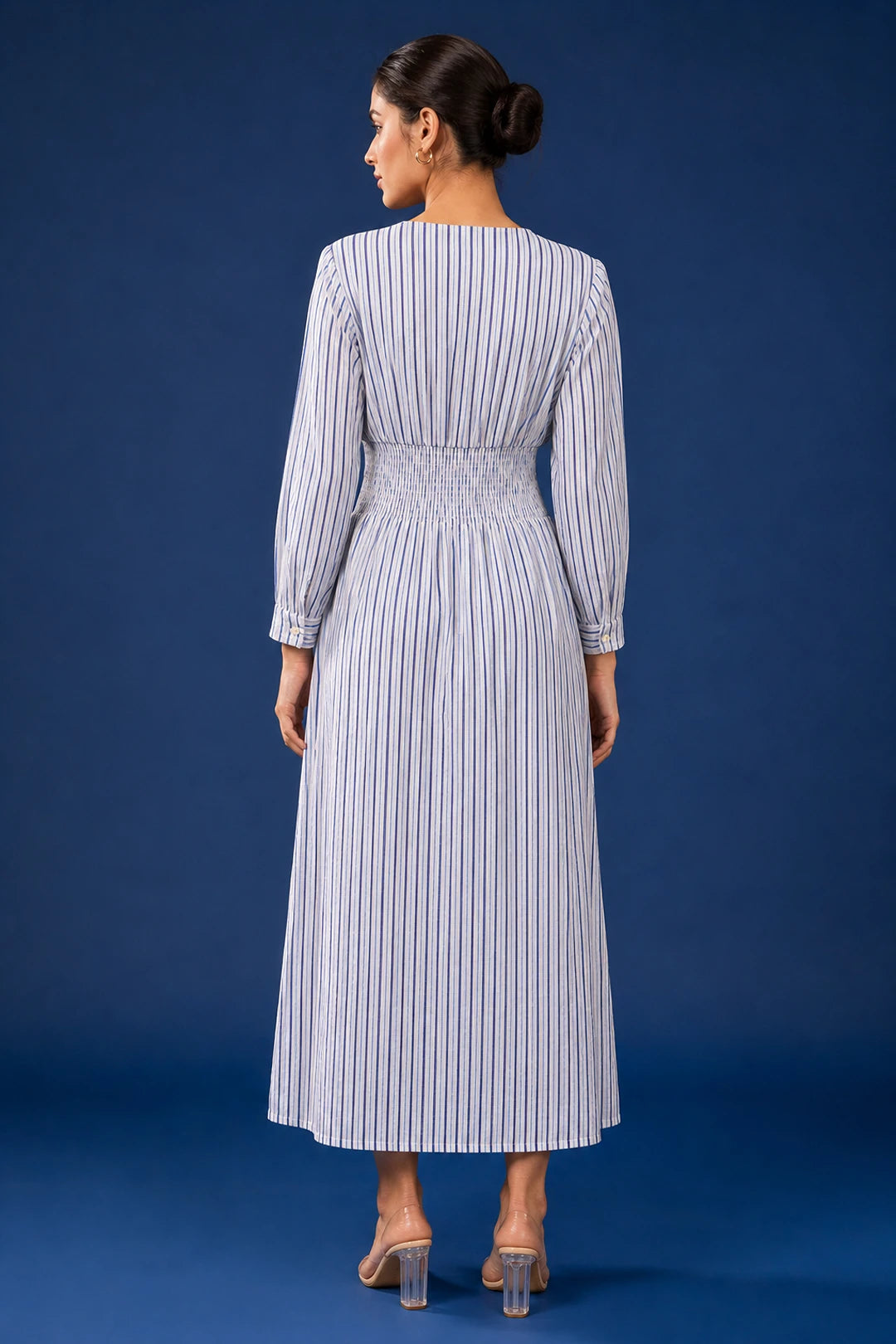 Blue Printed Striped Cotton Comfy Dress