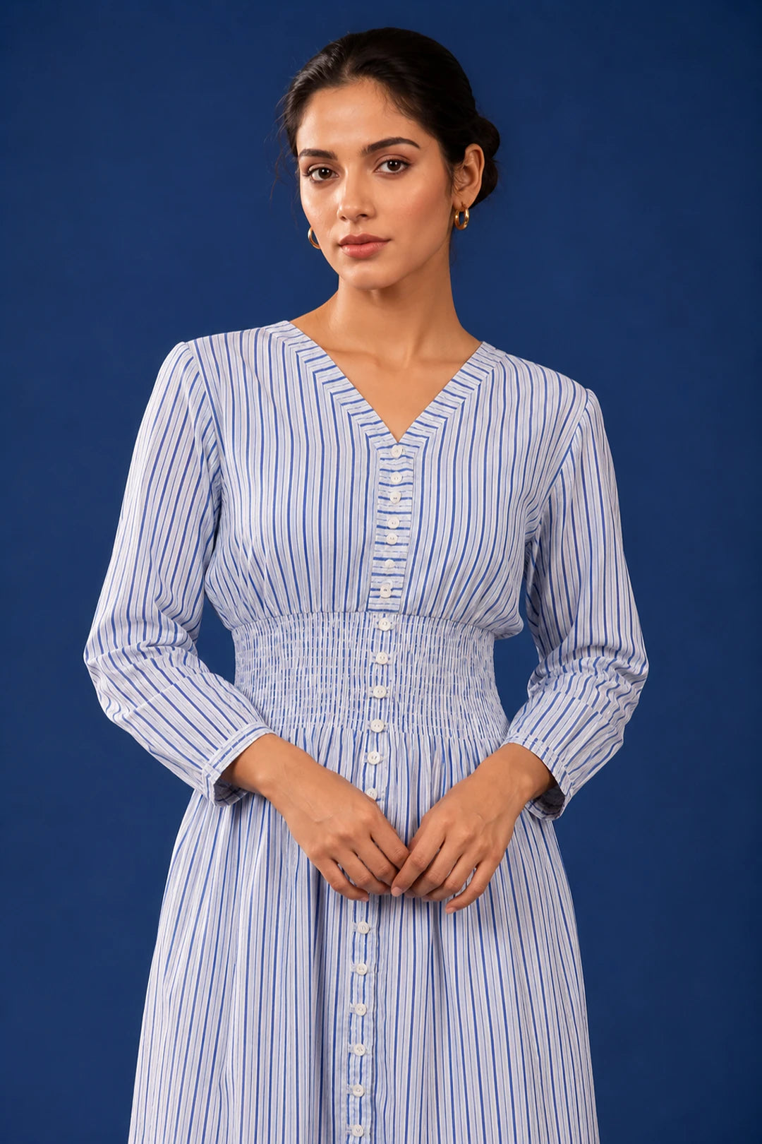 Blue Printed Striped Cotton Comfy Dress