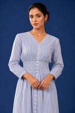 Blue Printed Striped Cotton Comfy Dress