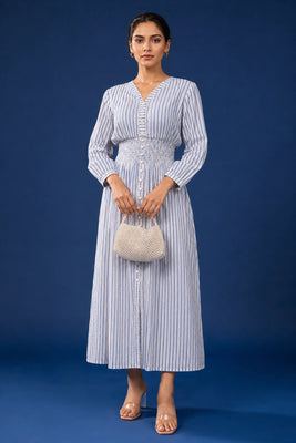 Blue Printed Striped Cotton Comfy Dress