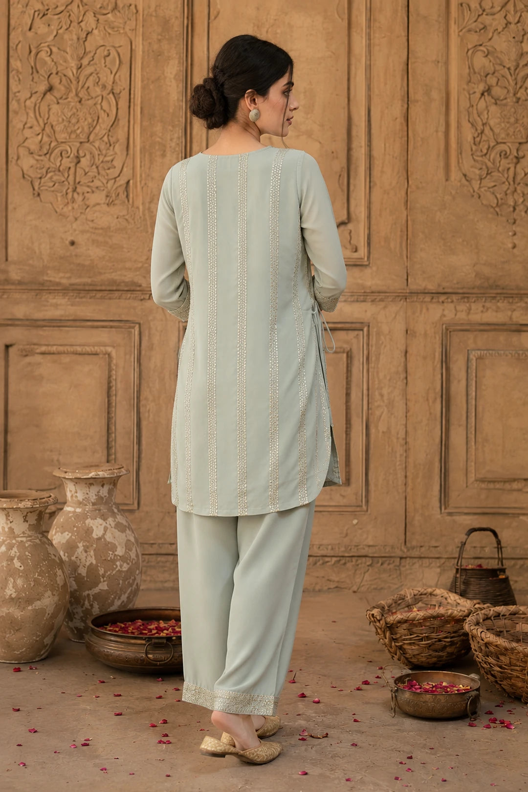 Sage Grey Sequin Angrakha Kurta Set
