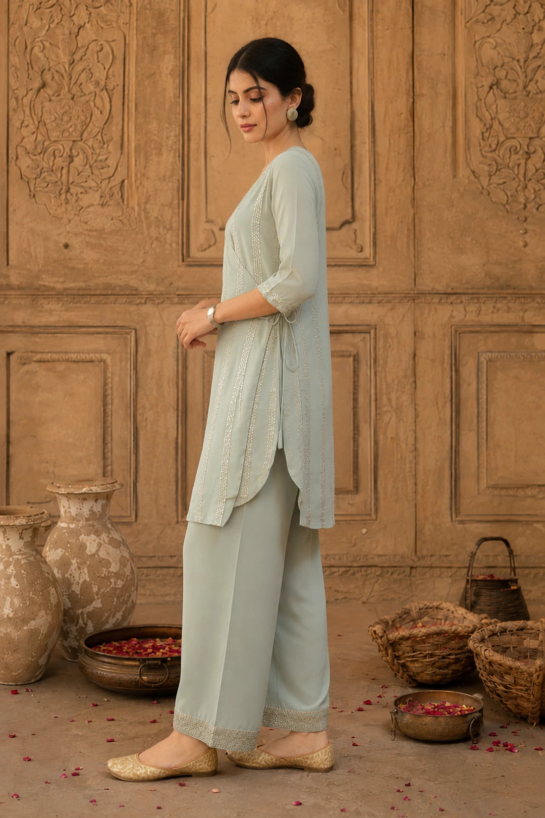 Sage Grey Sequin Angrakha Kurta Set