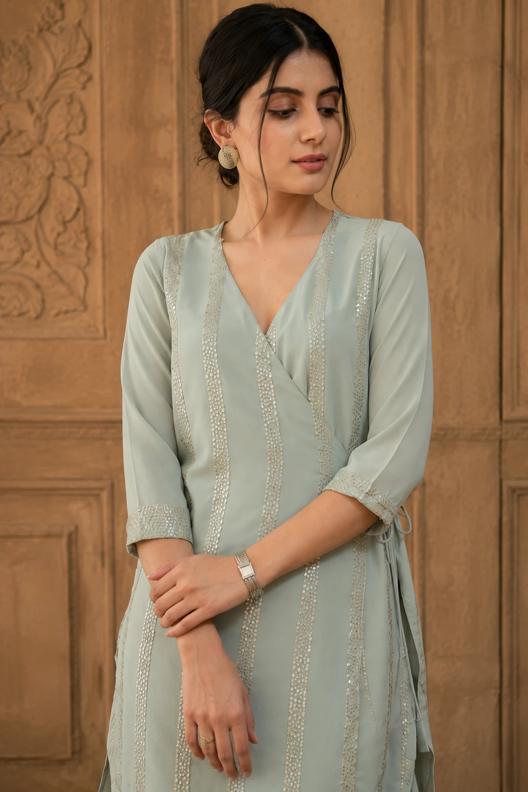 Sage Grey Sequin Angrakha Kurta Set