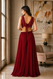 Maroon Sequin Jacket Palazzo & Back Tie Blouse Set