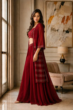 Maroon Sequin Jacket Palazzo & Back Tie Blouse Set
