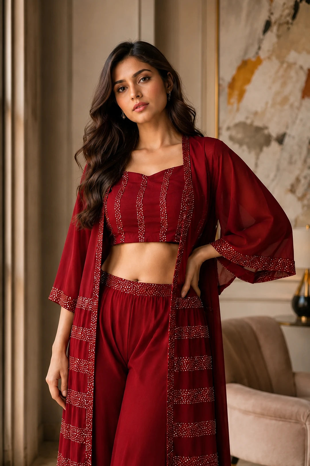 Maroon Sequin Jacket Palazzo & Back Tie Blouse Set