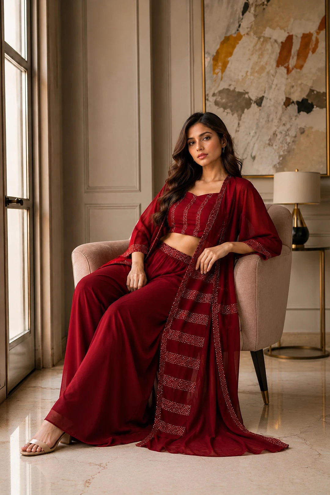 Maroon Sequin Jacket Palazzo & Back Tie Blouse Set
