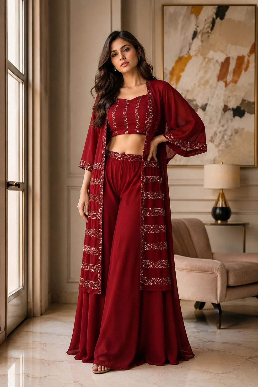 Maroon Sequin Jacket Palazzo & Back Tie Blouse Set