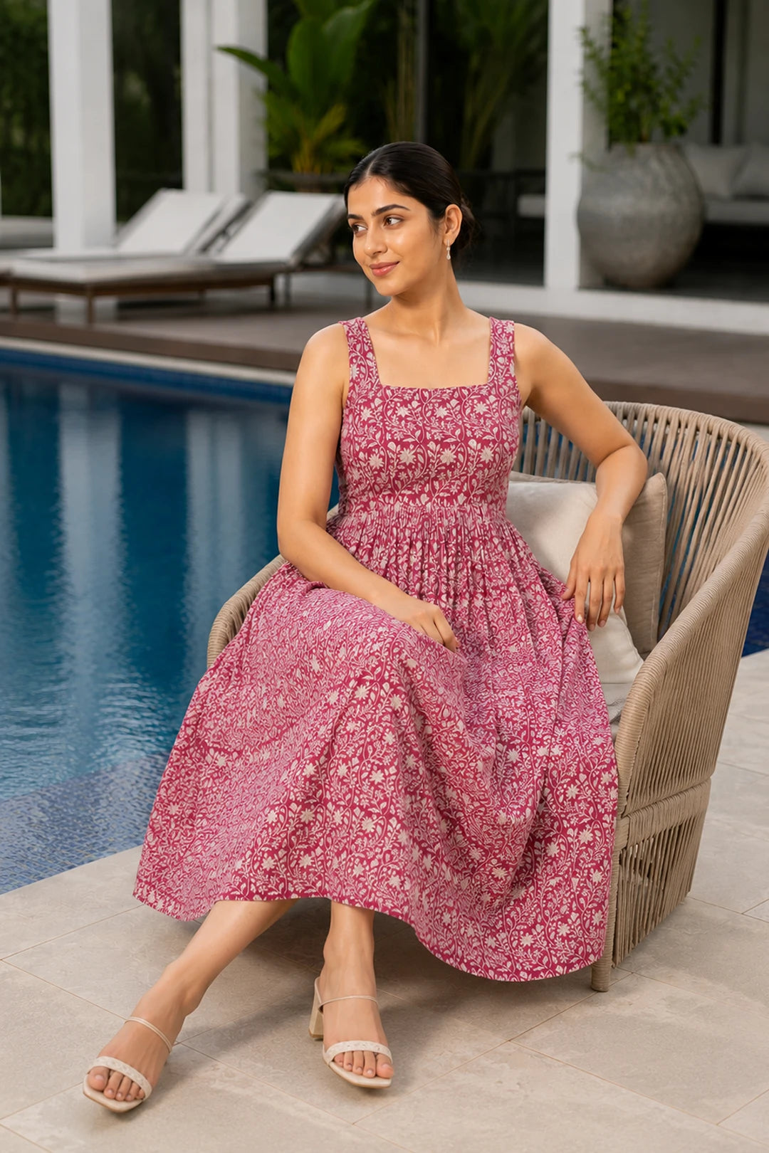 Neity Floral Jaal Hand Block Printed Midi Dress