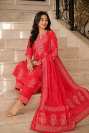 KYNA BLOCK PRINTED KURTA-PANTS & DUPATTA SET