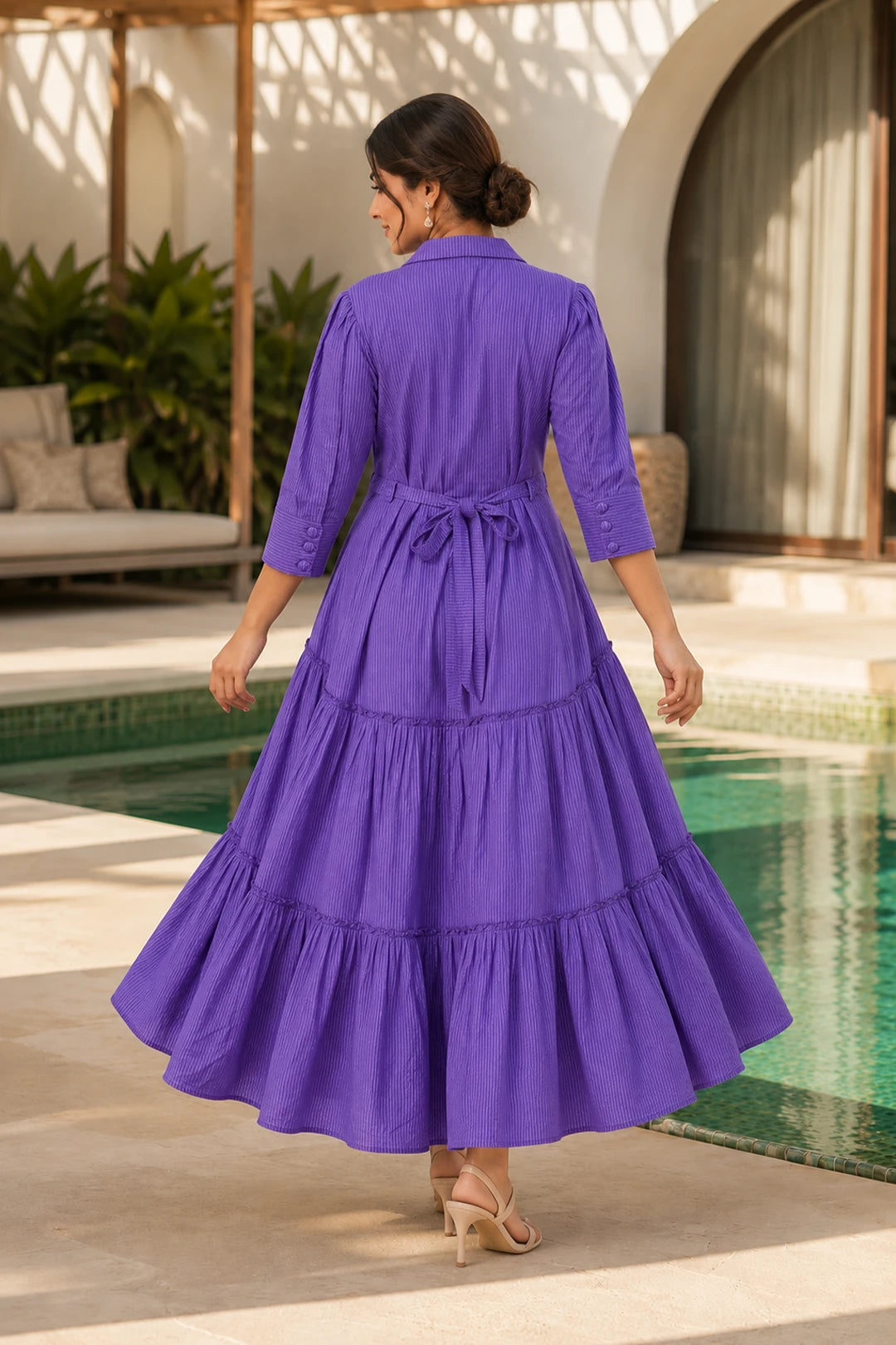 Breezy Purple Cotton Kantha Tiered Dress