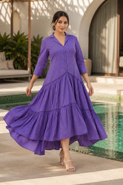 Breezy Purple Cotton Kantha Tiered Dress