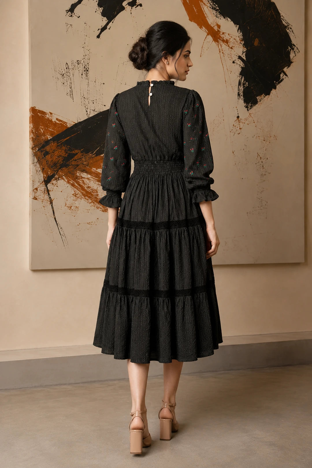 Radiant Meadows Black Cotton Kantha Tiered Dress