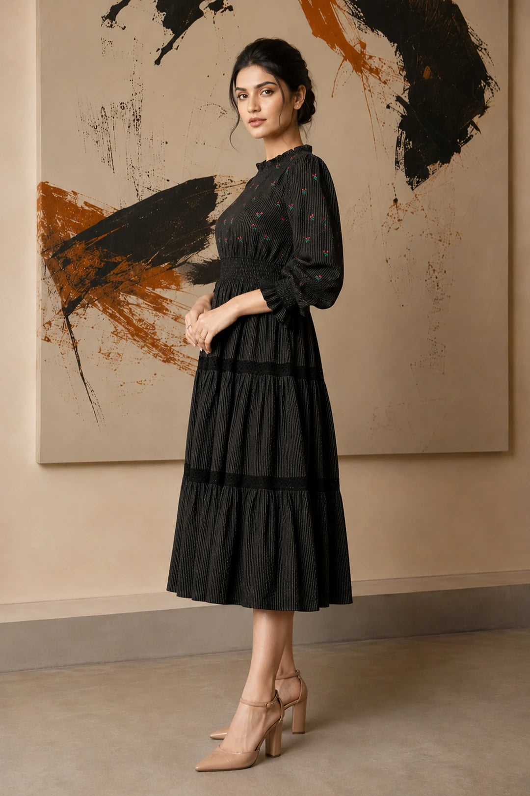 Radiant Meadows Black Cotton Kantha Tiered Dress