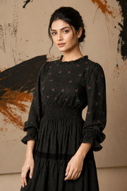 Radiant Meadows Black Cotton Kantha Tiered Dress