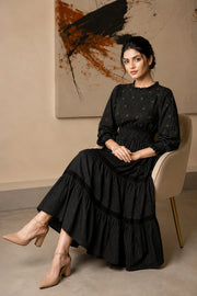 Radiant Meadows Black Cotton Kantha Tiered Dress