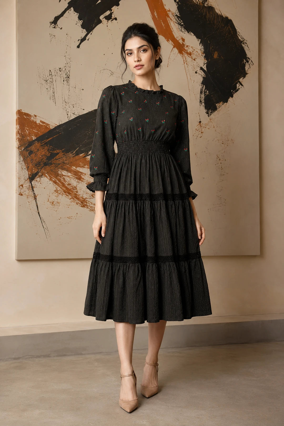 Radiant Meadows Black Cotton Kantha Tiered Dress