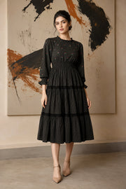 Radiant Meadows Black Cotton Kantha Tiered Dress