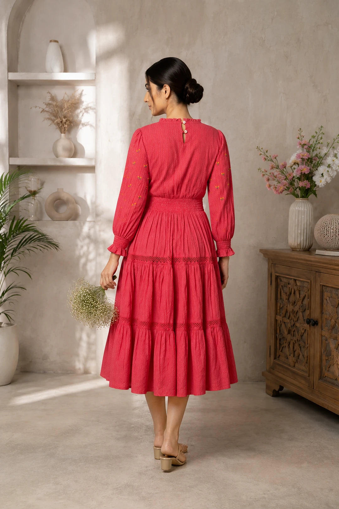Radiant Meadows Cerise Pink Cotton Kantha Tiered Dress