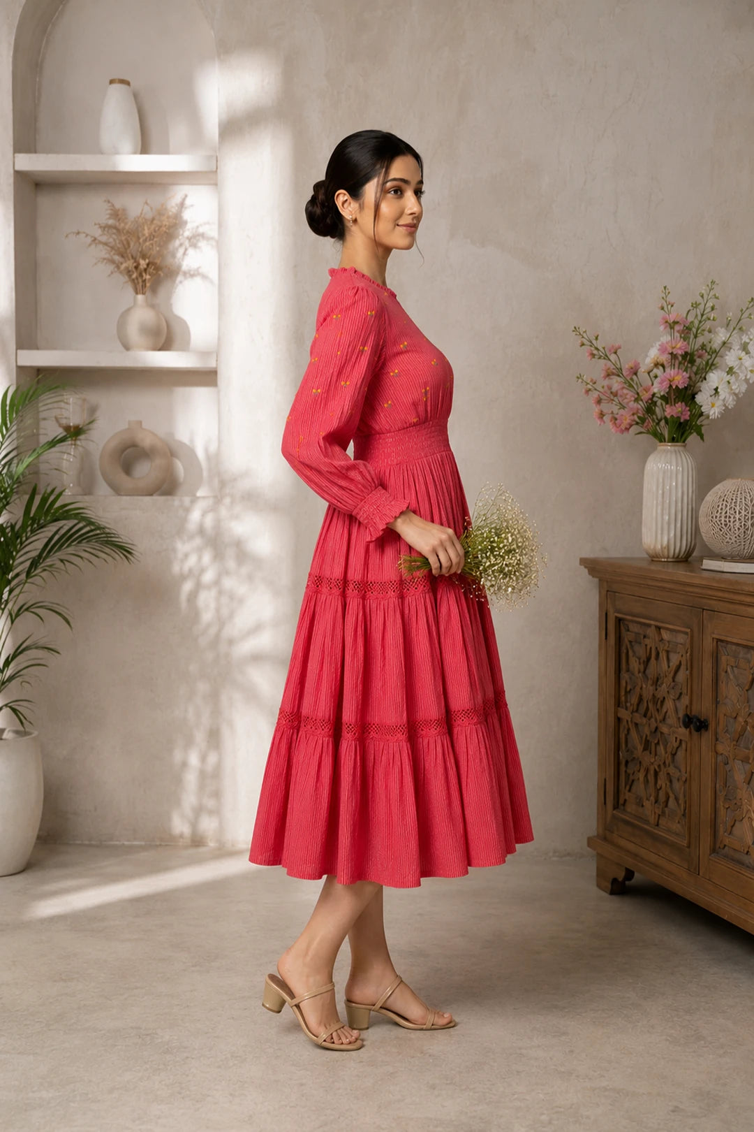 Radiant Meadows Cerise Pink Cotton Kantha Tiered Dress