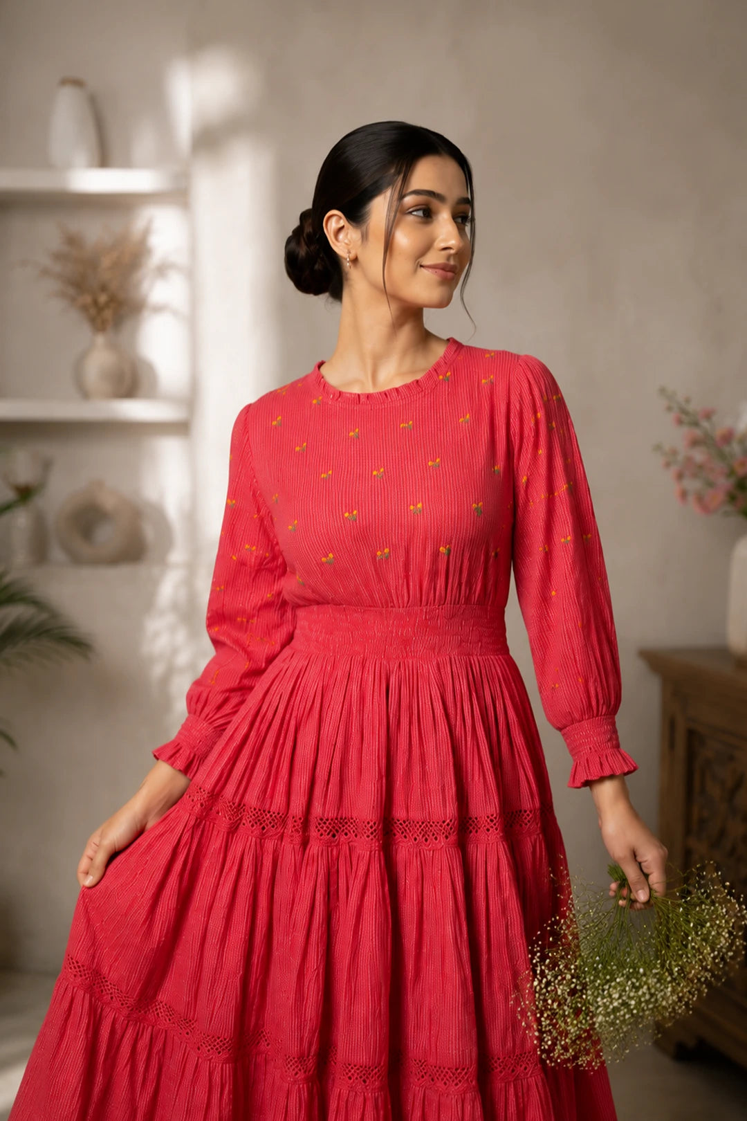 Radiant Meadows Cerise Pink Cotton Kantha Tiered Dress