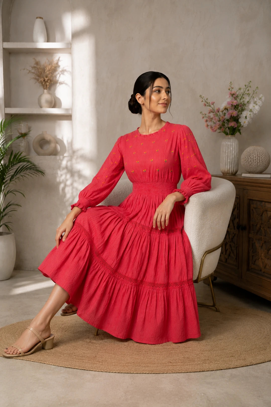 Radiant Meadows Cerise Pink Cotton Kantha Tiered Dress