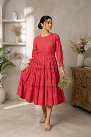 Radiant Meadows Cerise Pink Cotton Kantha Tiered Dress