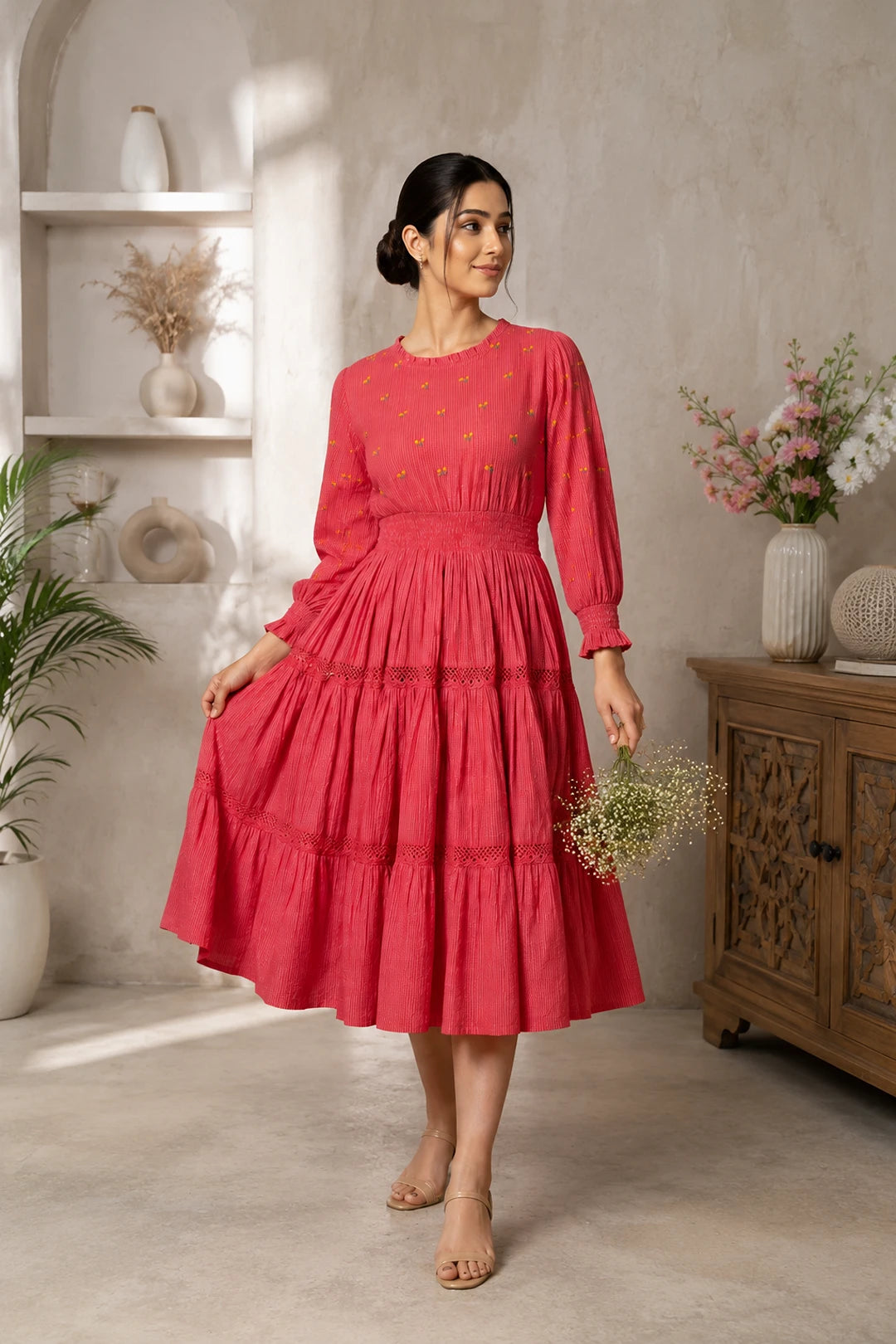 Radiant Meadows Cerise Pink Cotton Kantha Tiered Dress