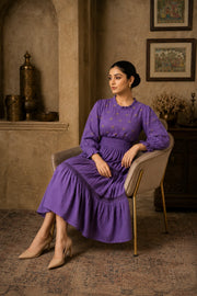 Radiant Meadows Purple Cotton Kantha Tiered Dress