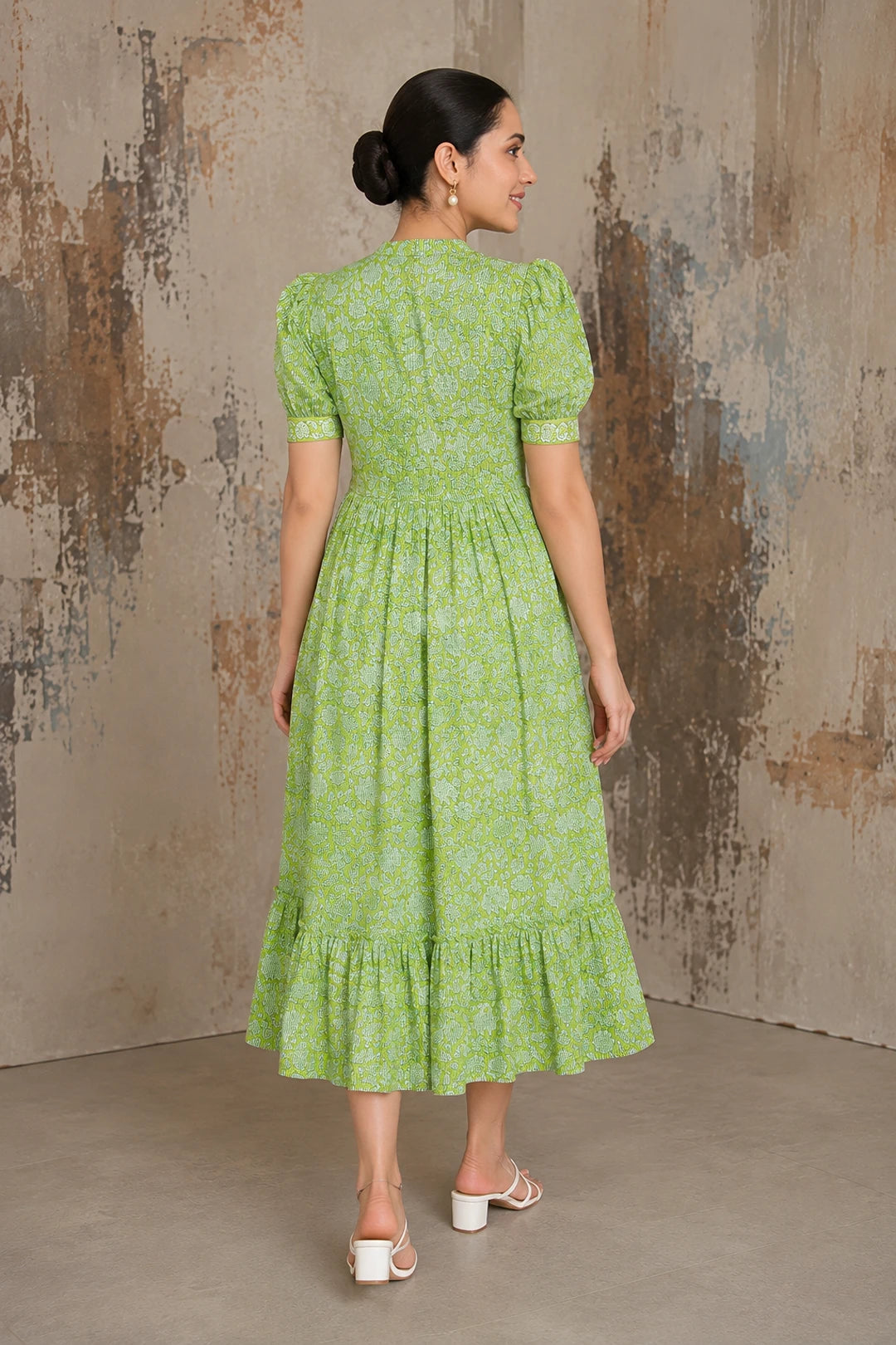 Green Floral Jaal Block Printed Dress