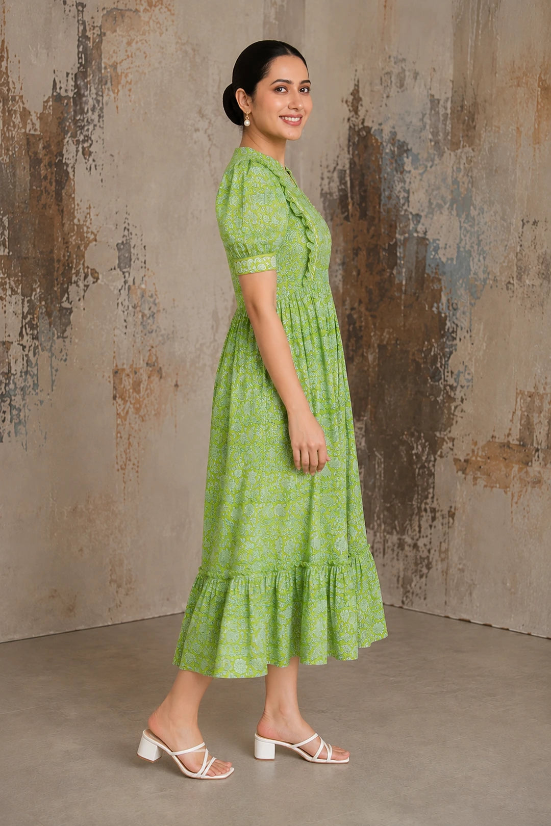 Green Floral Jaal Block Printed Dress