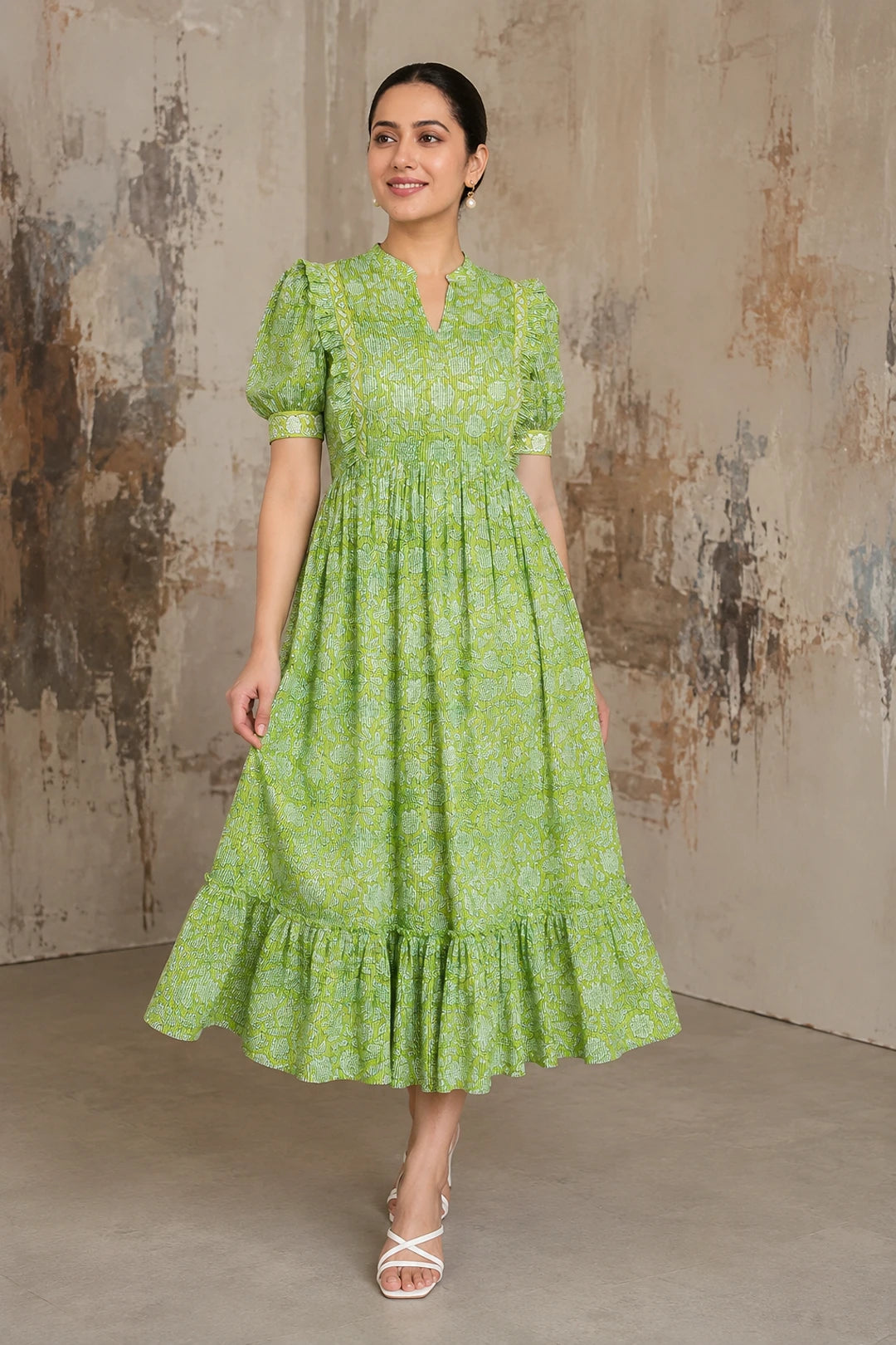Green Floral Jaal Block Printed Dress