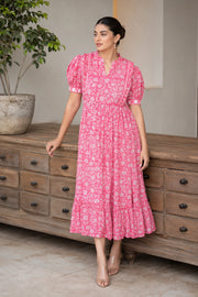Pink Floral Jaal Block Printed Dress