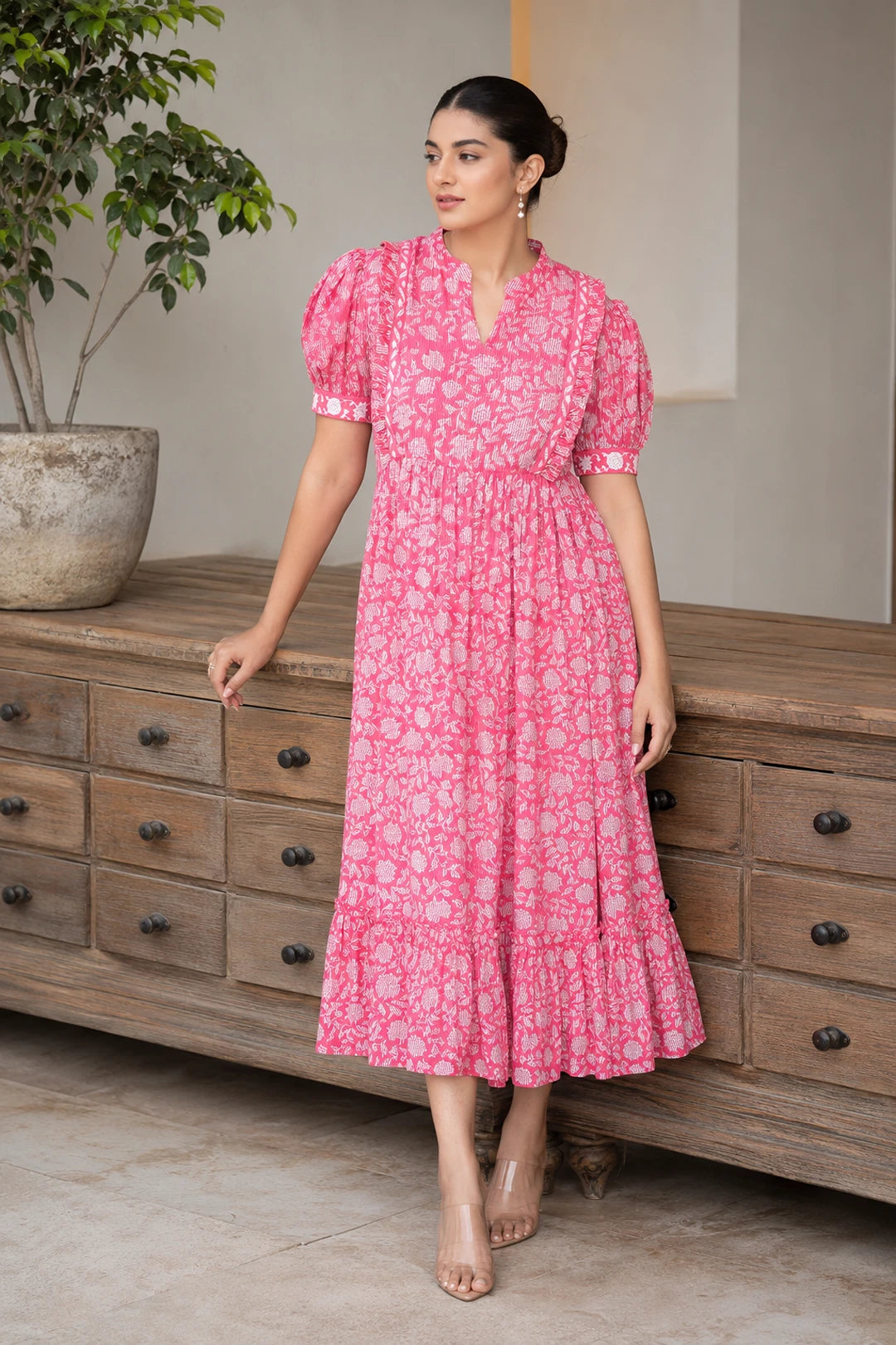 Pink Floral Jaal Block Printed Dress