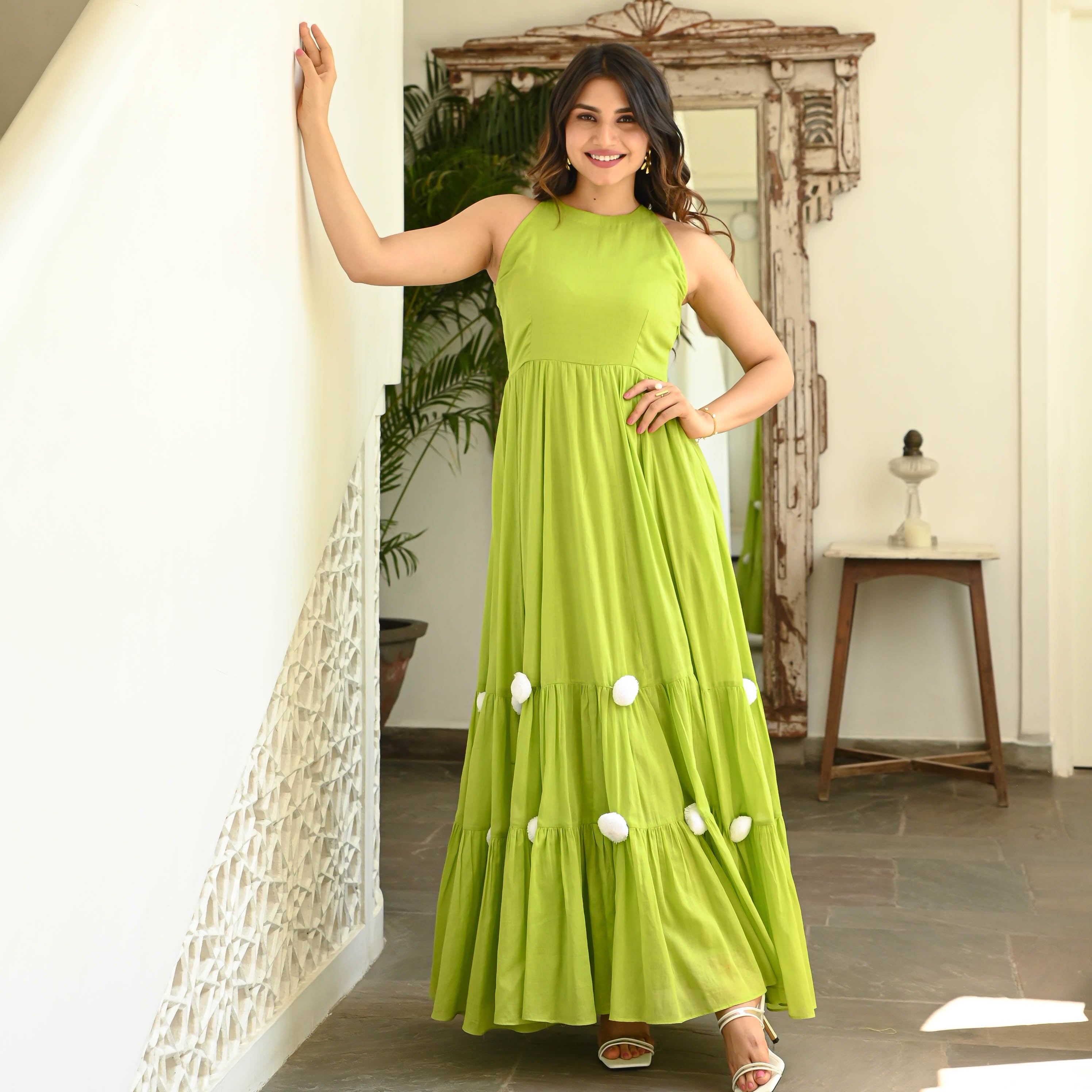 Bunaai Parrot Green Pompom Dress Bunaai Parrot Green Pompom Dress