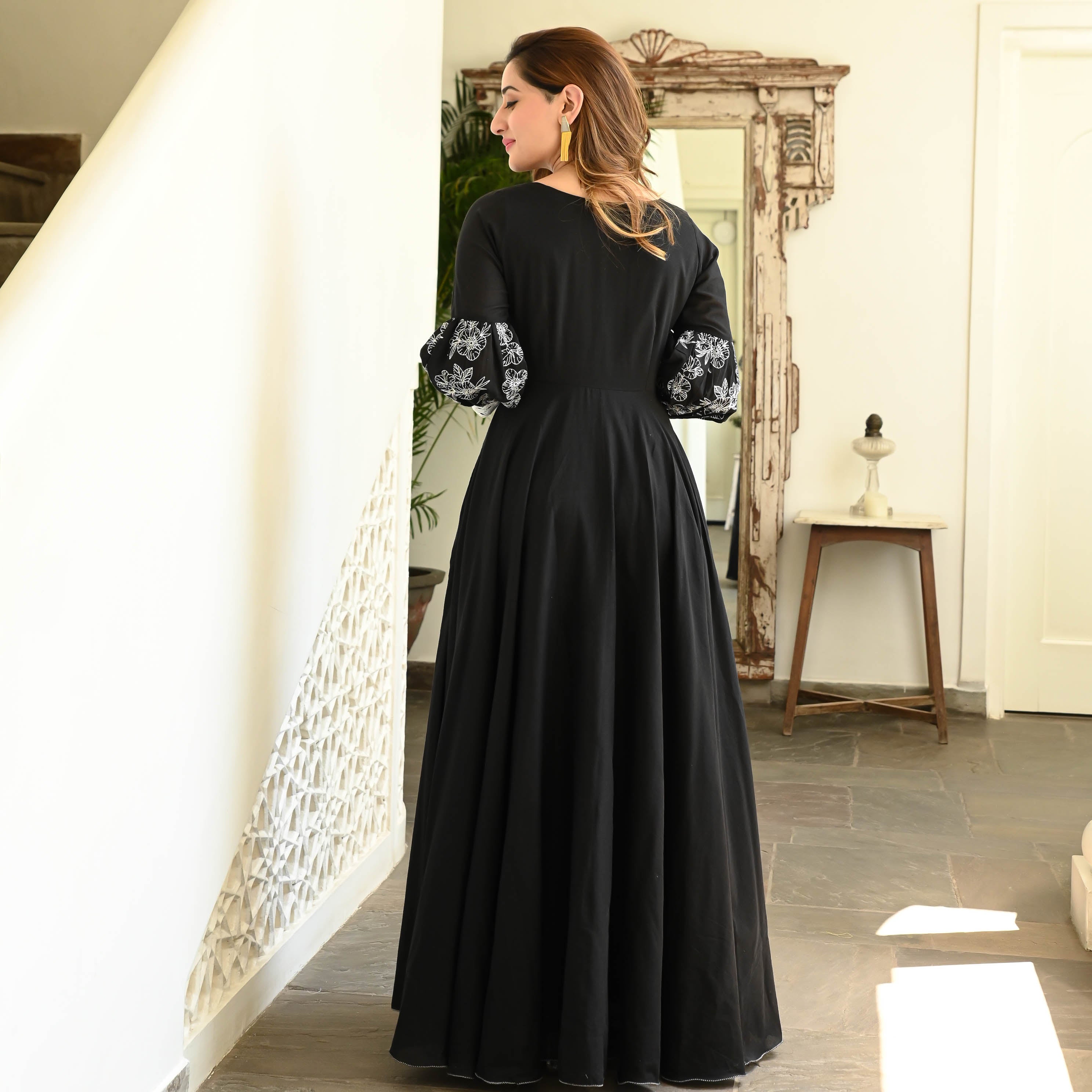 Black Balloon Sleeve Cotton Dress for Women Online