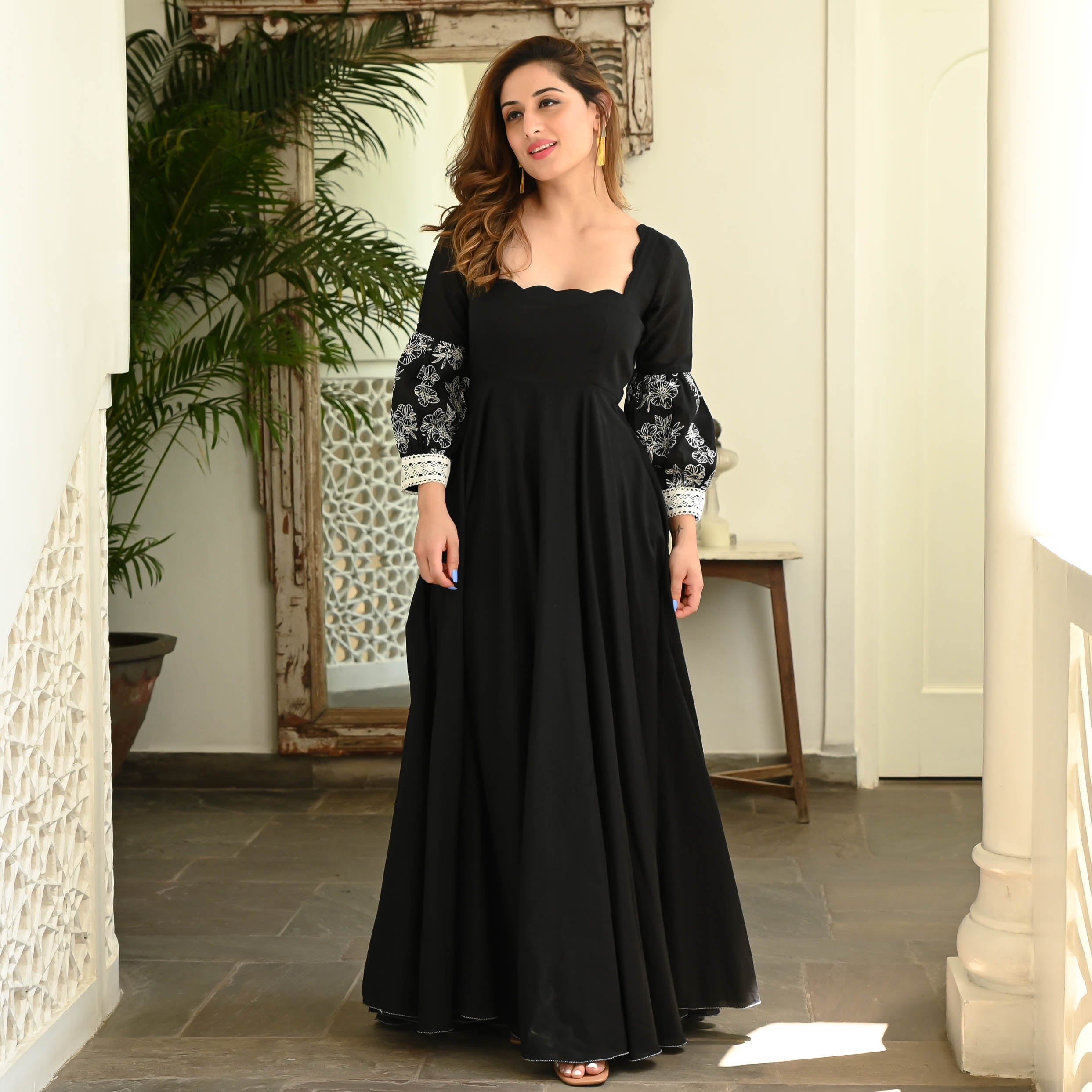 Black Balloon Sleeve Cotton Dress for Women Online