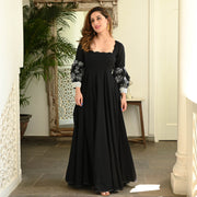 Black Balloon Sleeve Cotton Dress for Women Online