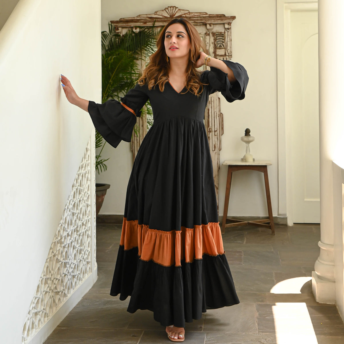 Black Rust Tier Cotton Dress