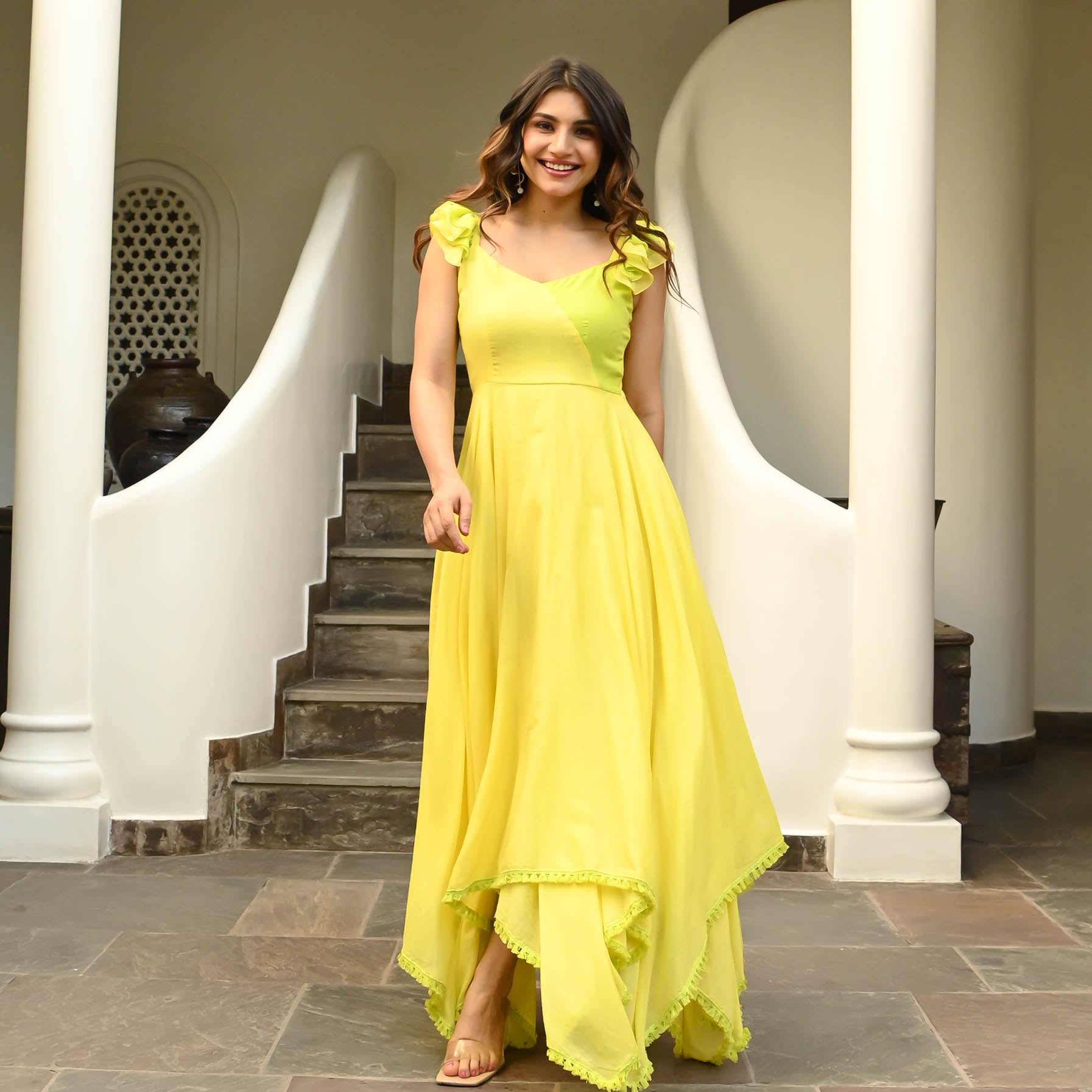 lemon yellow colour dress Lemon Yellow Lace And Beading V-Neck Long Dress With Lace Up Back