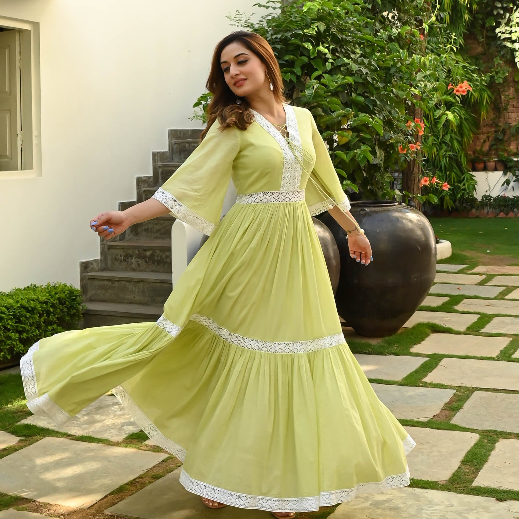 green white dress Bunaai MELLOW GREEN WHITE LACE DRESS