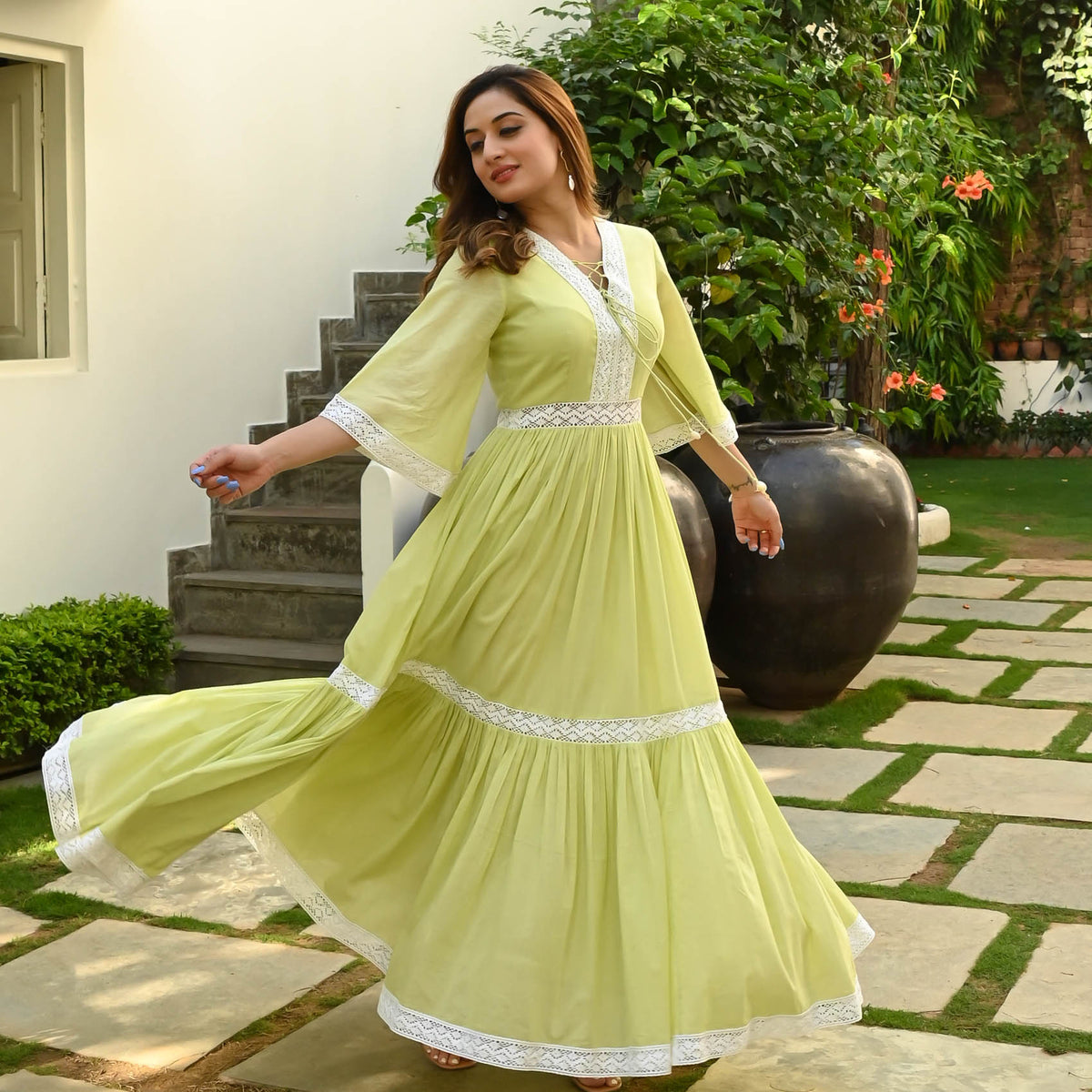 MELLOW GREEN WHITE LACE DRESS