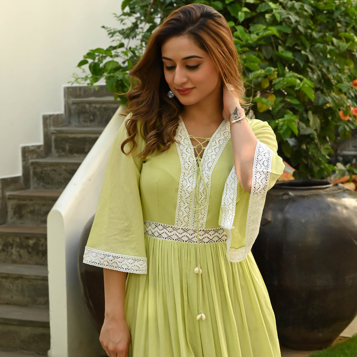 MELLOW GREEN WHITE LACE DRESS