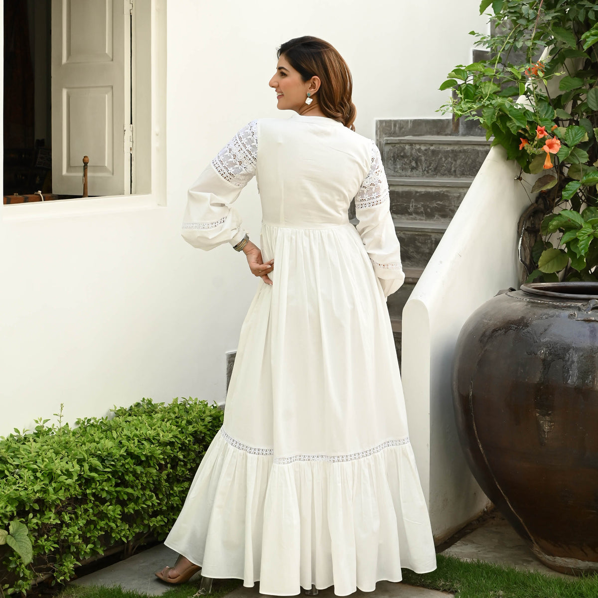 Bunai Whimsical White Lace Cotton Dress